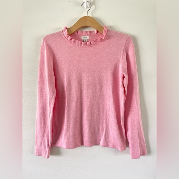 J Crew Ruffle Crew Neck Cotton Pink Long Sleeve Sweater Size S Preppy - Picture 6 of 7